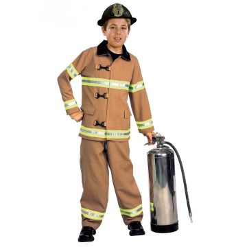 Child wearing tan firefighter costume with reflective yellow striping and Fire Chief helmet