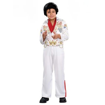 Kids Elvis Presley costume with white jeweled jumpsuit and red scarf