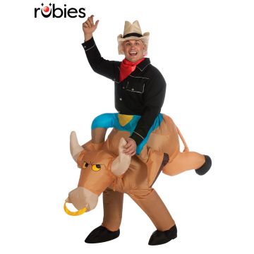 Adult inflatable bull riding costume with cowboy hat and false rider legs