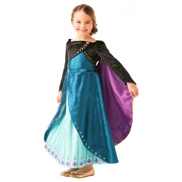 Girls Disney Frozen 2 Queen Anna costume dress with teal bodice and detachable purple-lined cape