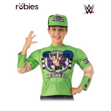 Kids John Cena WWE muscle chest costume with green padded top and Never Give Up cap
