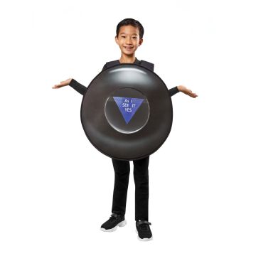 Kids Magic 8-Ball costume tabard front view with vinyl answer window and blue triangle