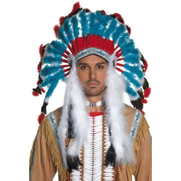 Turquoise and red feathered headdress with radiating crown and beaded headband