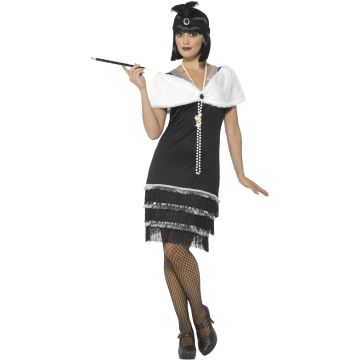 Womens black flapper costume with layered fringe dress and white fur stole