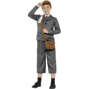 Kids WW2 evacuee boy costume with grey jacket, cap and satchel