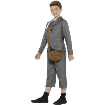 Kids WW2 Evacuee Boy Costume - 1940s Wartime School Set with Cap and Satchel