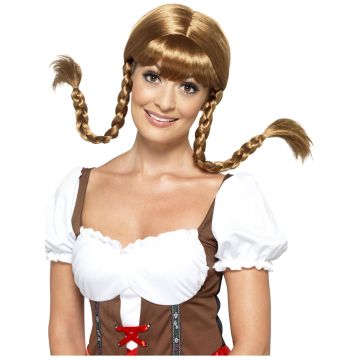 Adult Bavarian wig with golden brown braided pigtails and straight bangs