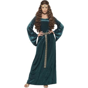 Womens emerald green medieval princess gown with trumpet sleeves and gold trim