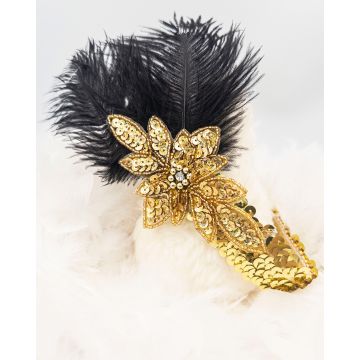 Adult 1920s Gold Feather Headband with Black Plume and Rhinestone Brooch