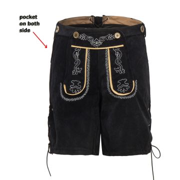 Adult Mens Black Lederhosen Costume with Blue Gingham Shirt and Suspenders