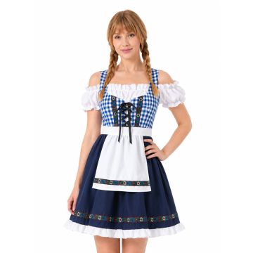 Womens Oktoberfest Dirndl Costume - Blue Bavarian Beer Maid Dress with Apron