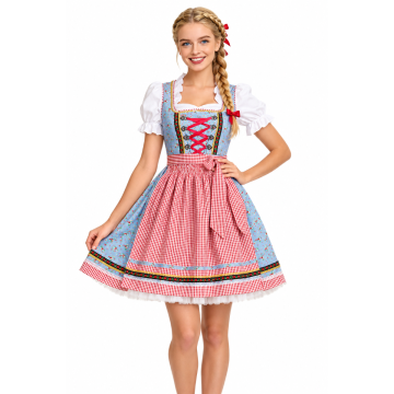 Womens Bavarian Beer Maid Dirndl Costume - Blue Floral Bodice with Gingham Apron