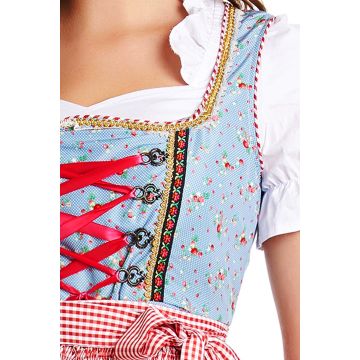 Womens Bavarian Beer Maid Dirndl Costume - Blue Floral Bodice with Gingham Apron