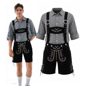 Mens Oktoberfest Lederhosen Costume - Black Bavarian Shorts and Check Shirt Set