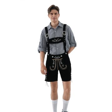 Mens Oktoberfest Lederhosen Costume - Black Bavarian Shorts and Check Shirt Set