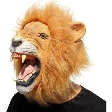 Adult overhead lion mask with roaring mouth and golden mane