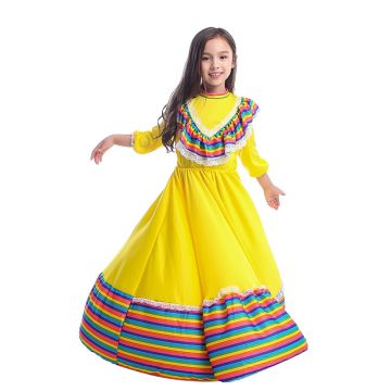 Girls Spanish Flamenco Dancer Dress - Rainbow Striped Folk Costume