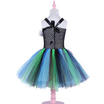Girls Peacock Tutu Costume with Feathers - Black & Jewel-Tone Bird Dress