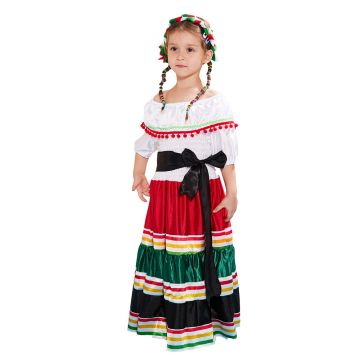 Kids Spanish Costume - Mexican Folkloric Dance Dress with Tiered Skirt