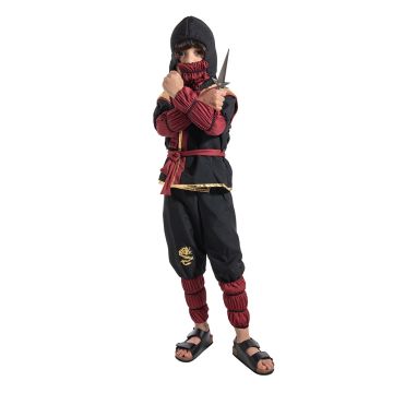 Kids Ninja Warrior Costume with Hood and Mask - Boys Black Red Martial Arts Suit
