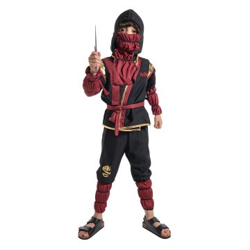 Kids Ninja Warrior Costume with Hood and Mask - Boys Black Red Martial Arts Suit - alternate view