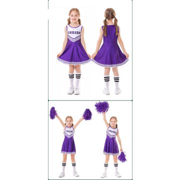 Kids Purple Cheerleader Costume - Girls School Spirit Dress with Pom-Poms and Socks
