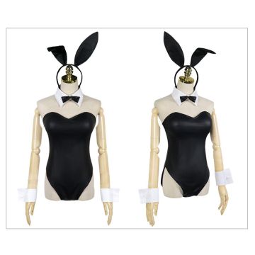 Womens Bunny Girl Costume - Black Bodysuit with Ears and Bow Tie