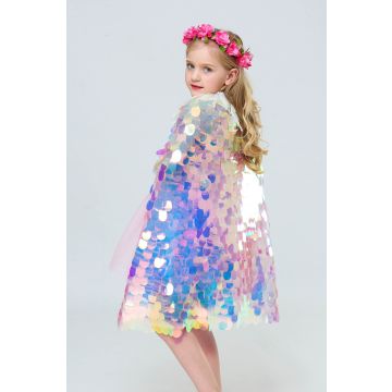 Girls Mermaid Scale Cape with Hood - Iridescent Rainbow Sequin Cloak