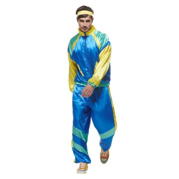 Mens 80s Shell Suit Costume - Blue Yellow Retro Tracksuit with Headband