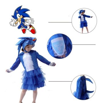 Kids Blue Speedster Hedgehog Costume Dress with Hood and Tutu Skirt