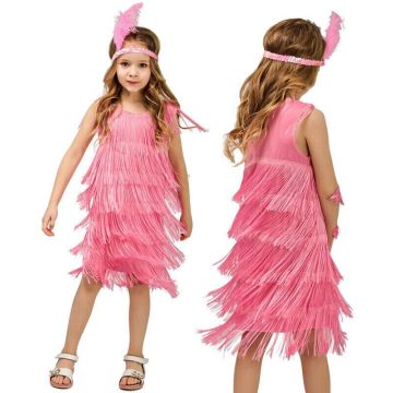 Girls Pink Flapper Costume - 1920s Gatsby Dress with Feather Headband - alternate view