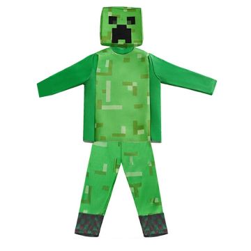 kids green pixel mob costume with block mask - gaming character suit - back view