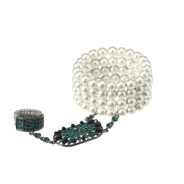 Adult 1920s Flapper Headband Bracelet Ring Set - Green Crystal Pearl Gatsby Accessories