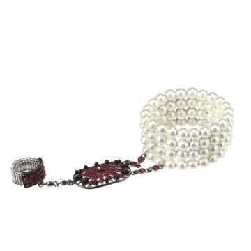 Womens 1920s Flapper Accessory Set - Red Crystal Headband, Pearl Bracelet & Ring