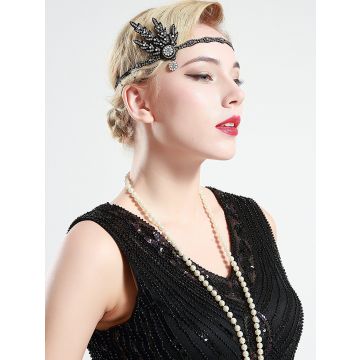 Adult 1920s Flapper Headband with Crystal Drop - Art Deco Black & Silver