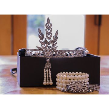 Adult 1920s Flapper Headband Bracelet Ring Set - Art Deco Gatsby Costume Accessories