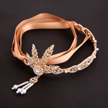 Adult 1920s Flapper Headband Gold - Art Deco Gatsby Headpiece with Pearl Tassel