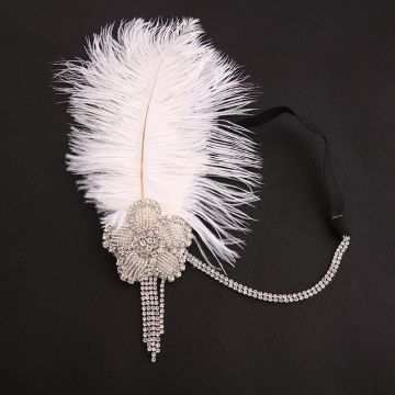 Adult 1920s Flapper Headband with Feather - Silver Crystal Art Deco Gatsby Headpiece