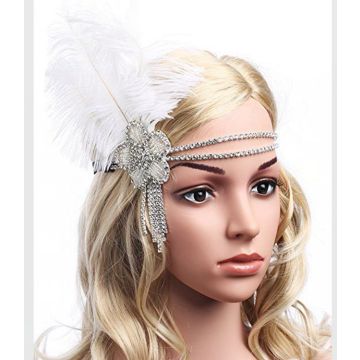 Adult 1920s Flapper Headband with Feather - Silver Crystal Art Deco Gatsby Headpiece - alternate view