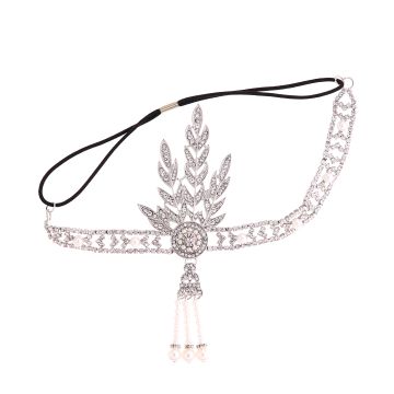 Adult 1920s Flapper Headband Silver - Art Deco Gatsby Headpiece with Pearl Tassel - alternate view