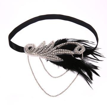 Adult 1920s Flapper Headband - Black Feather Art Deco Gatsby Headpiece - alternate view