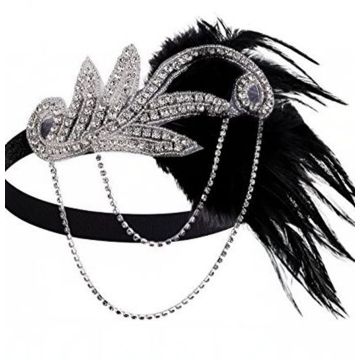 Adult 1920s Flapper Headband - Black Feather Art Deco Gatsby Headpiece