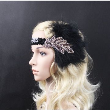 Adult 1920s Flapper Headband - Black Feather Gatsby Headpiece with Rose Gold Rhinestones - alternate view