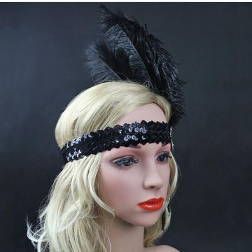 Adult 1920s Flapper Headband - Black Feather Gatsby Accessory with Beaded Appliqué