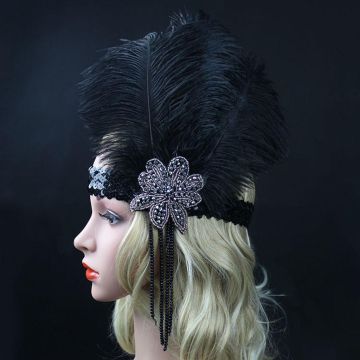 Adult 1920s Flapper Headband - Black Feather Gatsby Accessory with Beaded Appliqué - alternate view 3