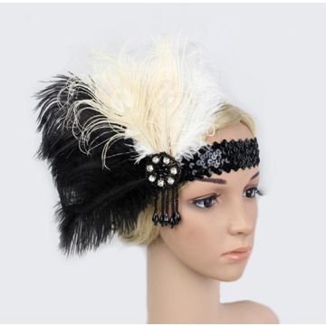 Womens 1920s Flapper Headband - Black & Cream Feather Gatsby Headpiece