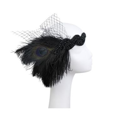 Adult 1920s Flapper Headband with Peacock Feather and Black Veil - alternate view 4