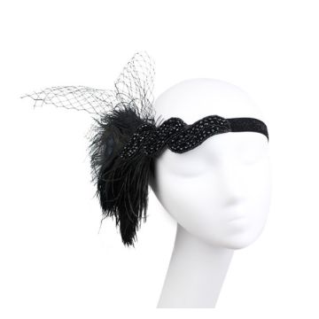 Adult 1920s Flapper Headband with Peacock Feather and Black Veil