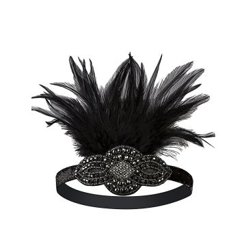 Adult 1920s Black Feather Headband - Flapper Gatsby Beaded Headpiece - alternate view