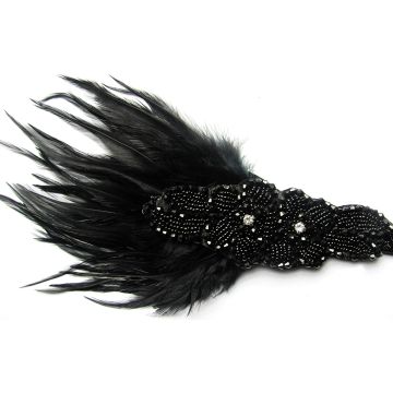 Adult 1920s Flapper Headband with Black Feather and Beaded Appliqué